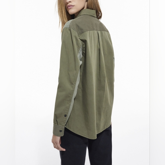 The Kooples Two-Tone Patchwork Cotton Denim Shirt Front Pockets Khaki Olive Sz S - Picture 10 of 11